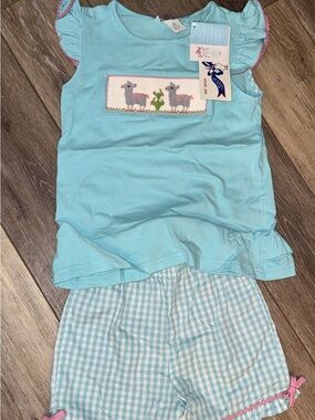Silly Goode Llama Llama smocked aqua check girls short set
